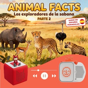 May include: A digital audio player featuring a red cube base with a small character figure on top and a white square device with a pixelated face display. The background shows a savanna landscape with a rhinoceros, cheetah, gazelle, ostrich, and hyena.