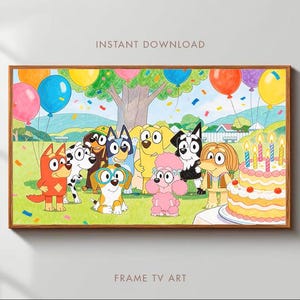 Puede incluir: Impresión enmarcada con una ilustración de dibujos animados de perros celebrando un cumpleaños. Globos, confeti y una tarta con velas. El texto "INSTANT DOWNLOAD" y "FRAME TV ART" se muestran en la impresión.