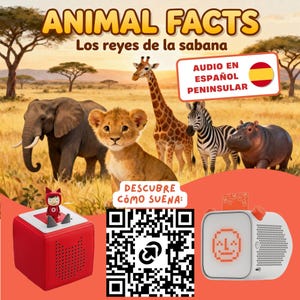 May include: A digital audio player set featuring a red cube speaker with a small character figure on top and a white square speaker with a pixelated face display. The background shows a savanna scene with an elephant, lion cub, giraffe, zebra, and hippo.