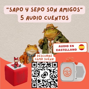 Puede incluir: Un altavoz cuadrado rojo con una pequeña figura roja encima, un reproductor de audio digital blanco y gris con una cara pixelada, un código QR grande e ilustraciones de dos ranas con el texto Sapo y Sepo son amigos 5 audio cuentos.