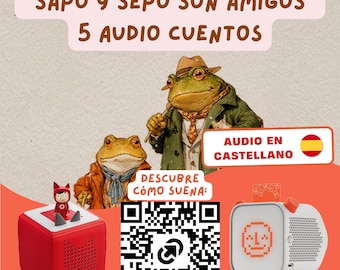 May include: A red square audio speaker with a small red character figure on top, a white and gray digital audio player with a pixelated face display, a large QR code, and illustrations of two frogs with the text Sapo y Sepo son amigos 5 audio cuentos.
