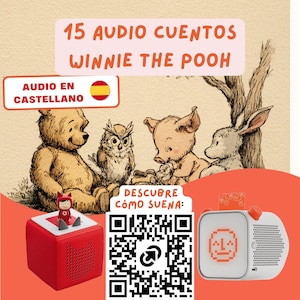 May include: A red audio player cube with a small character figure on top, next to a white digital audio player with a screen displaying a face. The image features text reading 15 AUDIO CUENTOS WINNIE THE POOH, AUDIO EN CASTELLANO, and DESCUBRE CÓMO SUENA, plus a QR code.