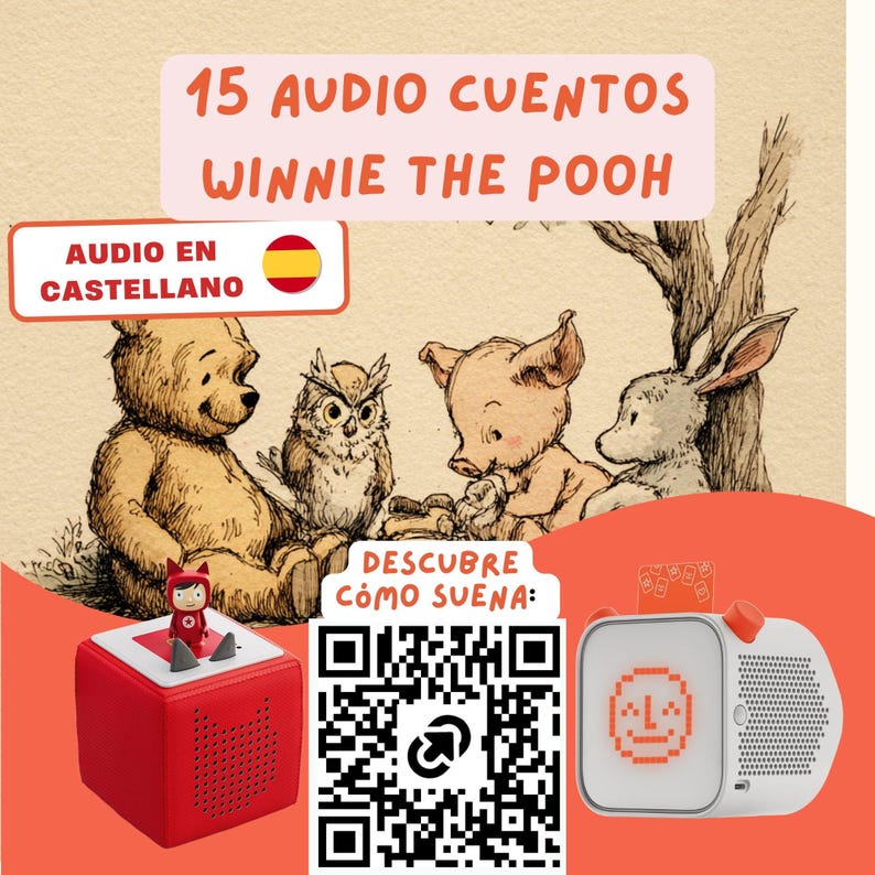 May include: A red audio player cube with a small character figure on top, next to a white digital audio player with a screen displaying a face. The image features text reading 15 AUDIO CUENTOS WINNIE THE POOH, AUDIO EN CASTELLANO, and DESCUBRE C&Oacute;MO SUENA, plus a QR code.