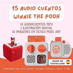 May include: A digital product set featuring 15 Winnie the Pooh audio stories in MP3 format, one digital illustration, and 15 pixel art images. The display shows three audio player devices, including a red cube and two white units with orange dials.