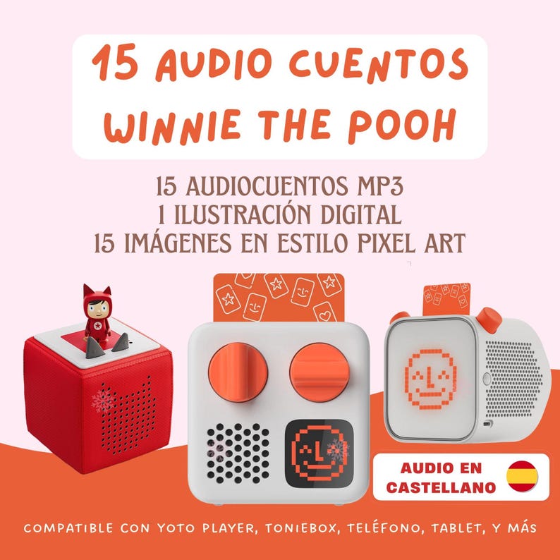 May include: A digital product set featuring 15 Winnie the Pooh audio stories in MP3 format, one digital illustration, and 15 pixel art images. The display shows three audio player devices, including a red cube and two white units with orange dials.
