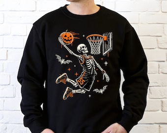 Skeleton Basketball Shirt, Halloween Sports Player Tee, Pumpkin Dunk Graphic Tshirt, Spooky Hoop Fan Top, Athletic Fall Gift