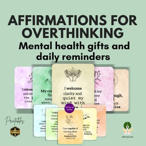Tarjetas de afirmaciones imprimibles para controlar el exceso de pensamiento, kit de herramientas para aliviar la ansiedad, recordatorios diarios de salud mental, descarga para el autocuidado, regalo de atención plena