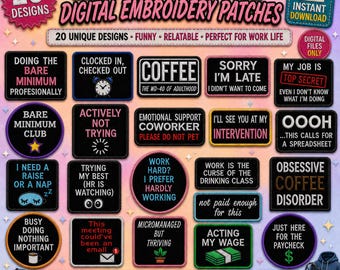 20 divertidos parches bordados para el trabajo, archivos digitales (DST, JEF, HUS)