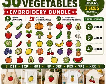 36 consejos sobre frutas y verduras. Archivo de bordado digital, descarga instantánea, Dst Jef Hus, etc.
