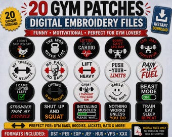 Paquete de 20 diseños de bordado para parches de gimnasio / Archivos divertidos de bordado a máquina para fitness / pes dst exp jed vp3 xxx Descarga instantánea