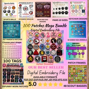 May include: A digital embroidery file bundle featuring various designs, including sports balls, Japanese motifs, family-themed patches, paw prints, keychains, and kawaii sea animals. The bundle includes 100 patches with different shapes and sizes, available in multiple formats.