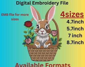 Archivo de bordado digital de conejito de Pascua, diseño de conejo, cesta de flores, DST, EXP, JEF y más