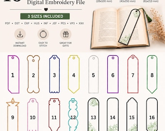 Paquete de 16 diseños de bordado para marcapáginas / Marcapáginas para bordar en bastidor / 3 tamaños incluidos / Archivo digital de bordado para apliques, PES DST JEF VP3