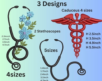 Paquete de diseños de bordado médico: archivos de bordado de estetoscopio y caduceo / Bordado de enfermera / Bordado de médico / Descarga instantánea