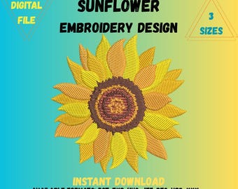 Archivo digital de bordado de girasol, descarga instantánea, 3 tamaños.