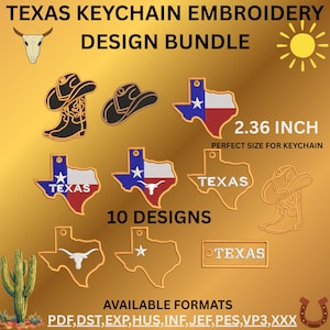 May include: A digital embroidery design bundle featuring ten Texas-themed keychain patterns. Designs include cowboy boots, hats, the state outline with the Texas flag, a longhorn skull, and the word TEXAS. Includes 2.36 inch sizing and file formats.