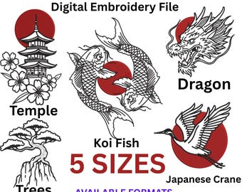 Paquete de archivos digitales de bordado japonés, descarga instantánea, formatos DST, JEF, HUS, 5 tamaños.