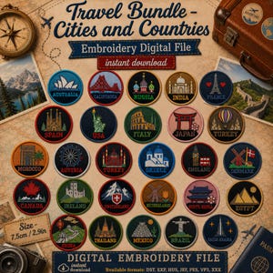 May include: A digital embroidery file collection titled Travel Bundle - Cities and Countries, featuring twenty-five circular patches depicting global landmarks and locations, each labelled with its respective country or region name.