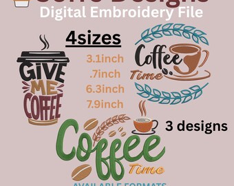 3 diseños de café, patrón de bordado, descarga instantánea, 4 tamaños, Dst Jef Hus