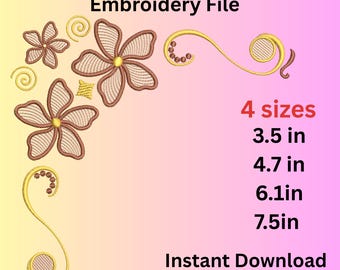 Archivo de bordado digital floral de esquina, diseño floral, 4 tamaños, descarga instantánea, patrón para múltiples proyectos