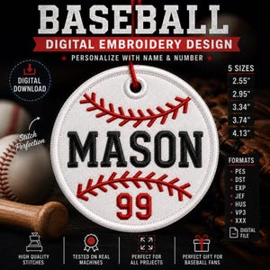 Baseball Tag Digital Embroidery Design | Personalized Name Number | Baseball Player Patch | Machine Embroidery File,  Digital Download