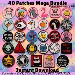 40 Patches Embroidery Digital Files, Pattern Patches, Bundle Designs, DST, EXP, JEF, and more
