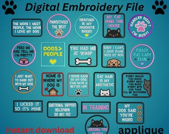 20 parches bordados divertidos para dueños de mascotas, paquete para amantes de perros y gatos (descarga digital)