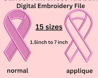 Archivo de bordado de lazo rosa / Diseño de aplique para la concienciación sobre el cáncer (descarga digital)