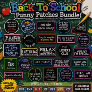 Puede incluir: Una colección de parches bordados con textos y gráficos humorísticos, incluyendo frases como 'Dear Math, I'm not a therapist', 'The Losers Club' y 'Academic Trauma', con tamaños de 7,6 a 9,4 cm sobre un fondo verde.