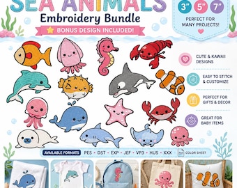 Archivo de bordado de animales marinos, paquete Kawaii del océano (descarga digital)