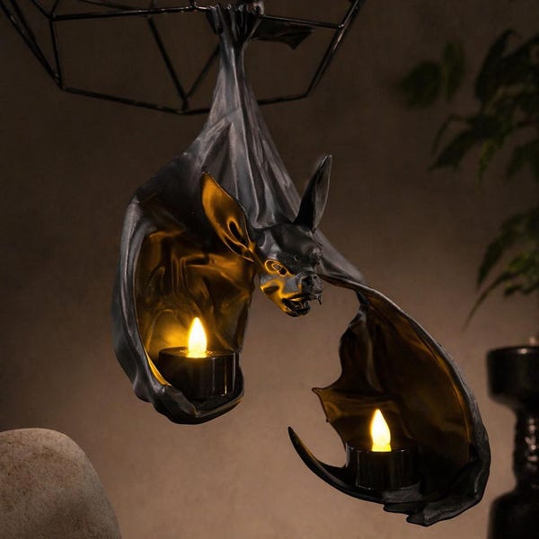 Gothic Bat Candle Holder Hanging Decor, Black Bat Sculpture Tea Light Holder, Halloween Wall Art, Dark Home Decor Gift, Unique Lamp