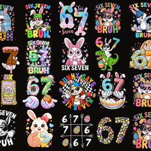 Glad påsk 67 kaninpaket PNG, Six Seven Kids påsk Clipart, Six Seven Bruh sublimering digital nedladdning preppy Six Seven påskdag