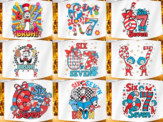 Dr Suess 6 7 PNG, Six Seven Cat In The Hat Png, Read Across America Png, Six Seven Bruh png, thing 1 thing 2 png,Cartoon Reading Png,Digital