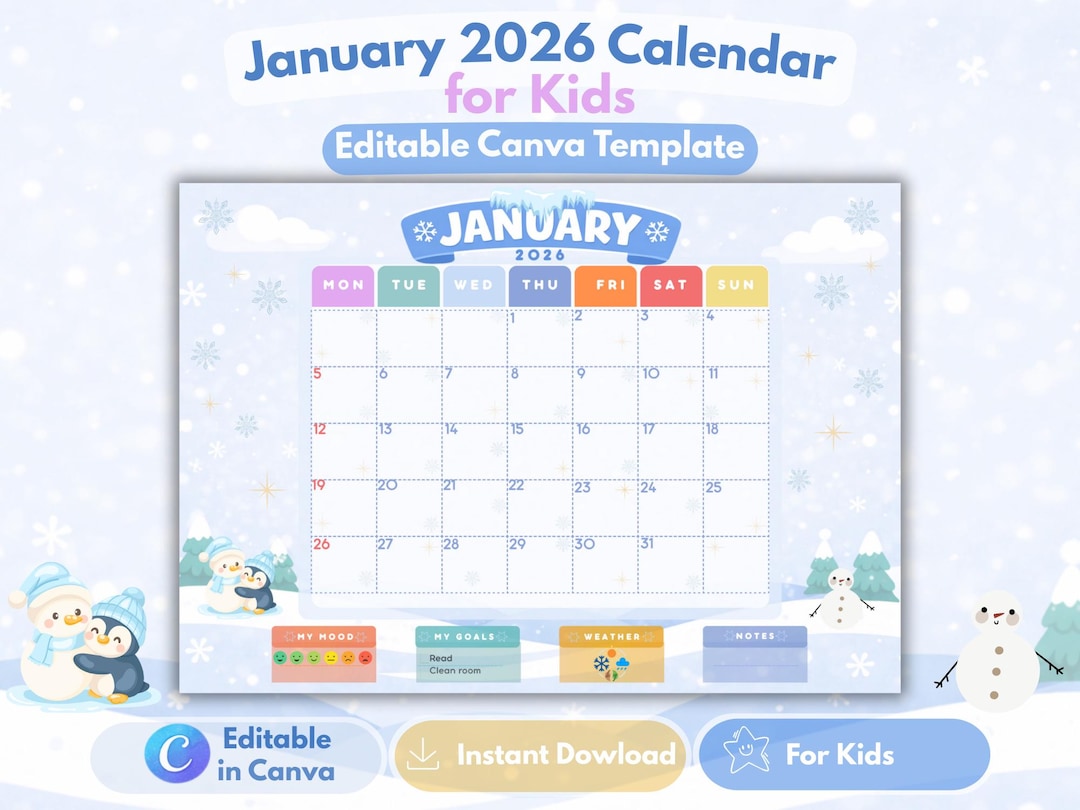 Editable January 2026 Calendar Kids, Printable Calendar W/ Cute Winter ...