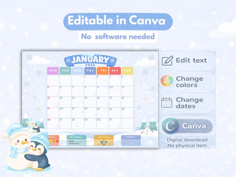 Editable January 2026 Calendar Kids, Printable Calendar W/ Cute Winter ...