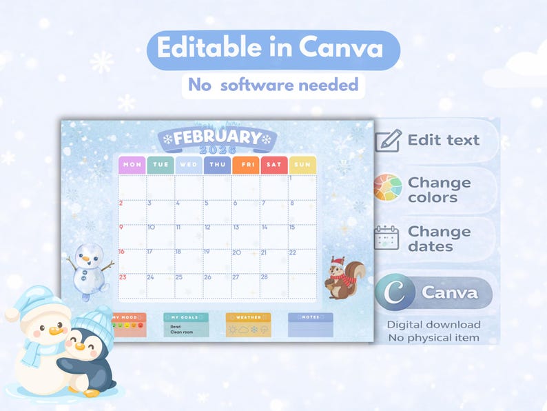Editable February 2026 Calendar | Monthly Planner for Kids, School ...