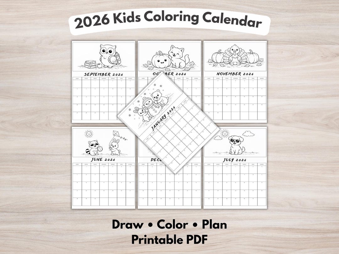 2026 Kids Coloring Calendar Printable | Draw Your Own Monthly Calendar ...