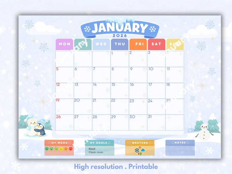 Editable January 2026 Calendar Kids, Printable Calendar W/ Cute Winter ...