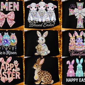 May include: A collection of black t-shirts with Easter-themed designs. The designs include a jeweled bow, lambs, a cross, Easter eggs, bunnies, and the phrases "AMEN", "Blessed Easter", "He is Risen", "Sweet Easter", and "HAPPY EASTER".
