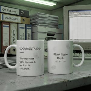Funny Office Mug - "Documentation" Definition Cup for Developer & Admin - Sarcastic Corporate Gift  | Blank Stare Dept Drop 01