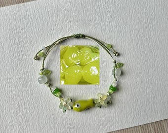 Green Flower Bracelet, Handmade Beaded Bracelet, Nature Aesthetic Jewelry, Floral Glass Beads, Adjustable Cord Bracelet Gift