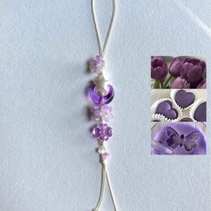 Handmade Beaded Phone Charm, Cute Tulip Phone Strap, Aesthetic Phone Lanyard, Colorful Kawaii Phone Charm, Gift for Her Purple