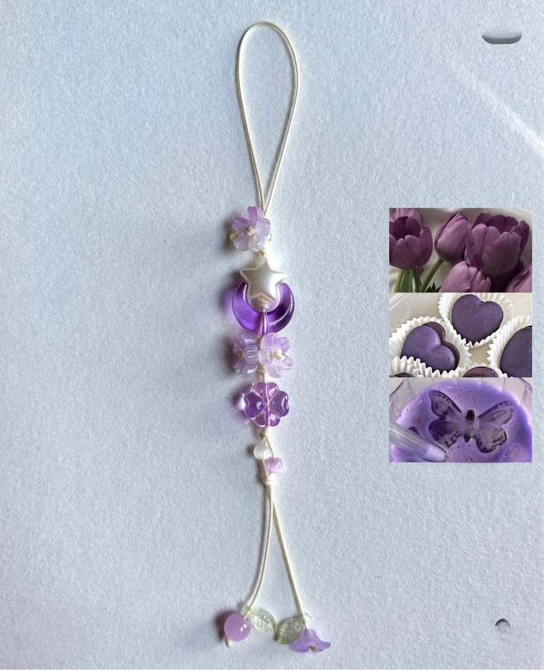 Handmade Beaded Phone Charm, Cute Tulip Phone Strap, Aesthetic Phone Lanyard, Colorful Kawaii Phone Charm, Gift for Her Purple