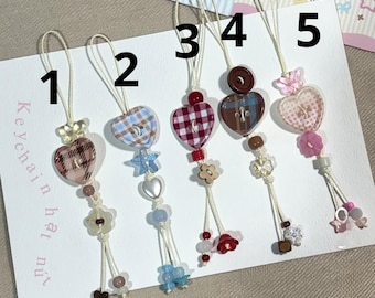 Handmade Button Phone Charm, Cute Heart Beaded Phone Strap, Kawaii Keychain Charm, Aesthetic Bag Charm, Gift for Her