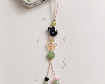 Ghibli Phone Charm, Black Cat Beaded Phone Strap, Kawaii Cute Charm, Fairy Kei Pastel Accessories, Handmade Anime Gift
