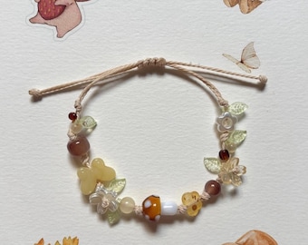 Cute Mushroom Bracelet, Fairycore Beaded Bracelet,Handmade Bracelet,Cottagecore Jewelry, Glass Bead Flower Bracelet, Gift for Her