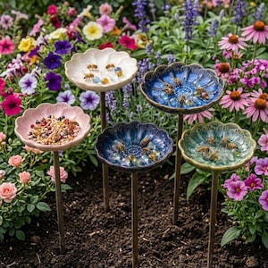 May include: Five ceramic bee feeders in a garden, each shaped like a flower. The feeders are in various colours: white, pink, blue, and green. They are filled with food and water, and surrounded by colourful flowers.