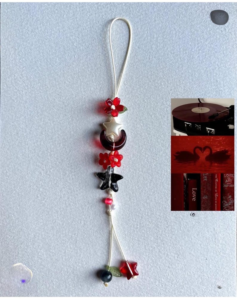 Handmade Beaded Phone Charm, Cute Tulip Phone Strap, Aesthetic Phone Lanyard, Colorful Kawaii Phone Charm, Gift for Her Red black