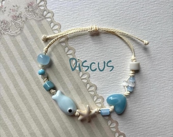 Handmade Fish Bracelet, Cute Ocean Beaded Bracelet, Adjustable String Bracelet, Starfish Shell Charm, Minimalist Beach Jewelry, Gift for Her