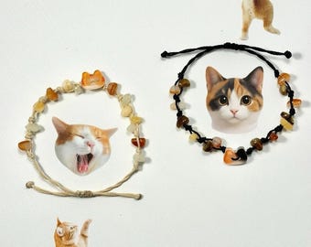 Cat Bracelet Handmade – Cute Cat Charm Bracelet with Natural Stone Beads – Adjustable Size Minimalist Pet Lover Gift – Kawaii Cat Jewelry